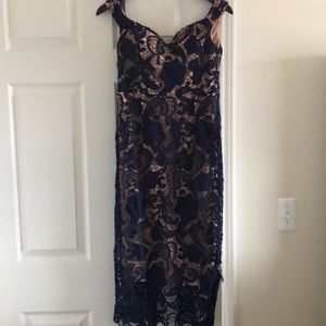 Off the shoulder navy blue and nude lace dress